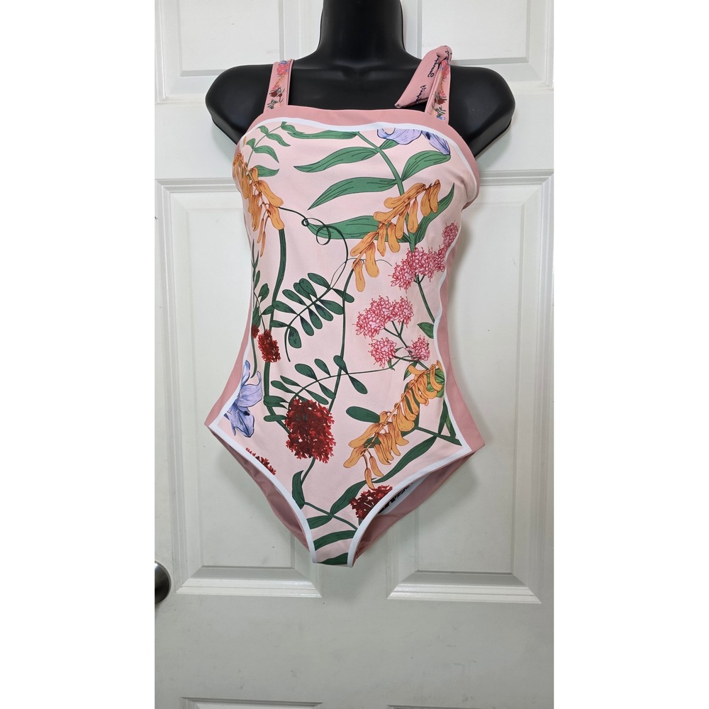 Serendipity Reversible One Piece Swimsuit Women M Pink White Floral Tie Shoulder